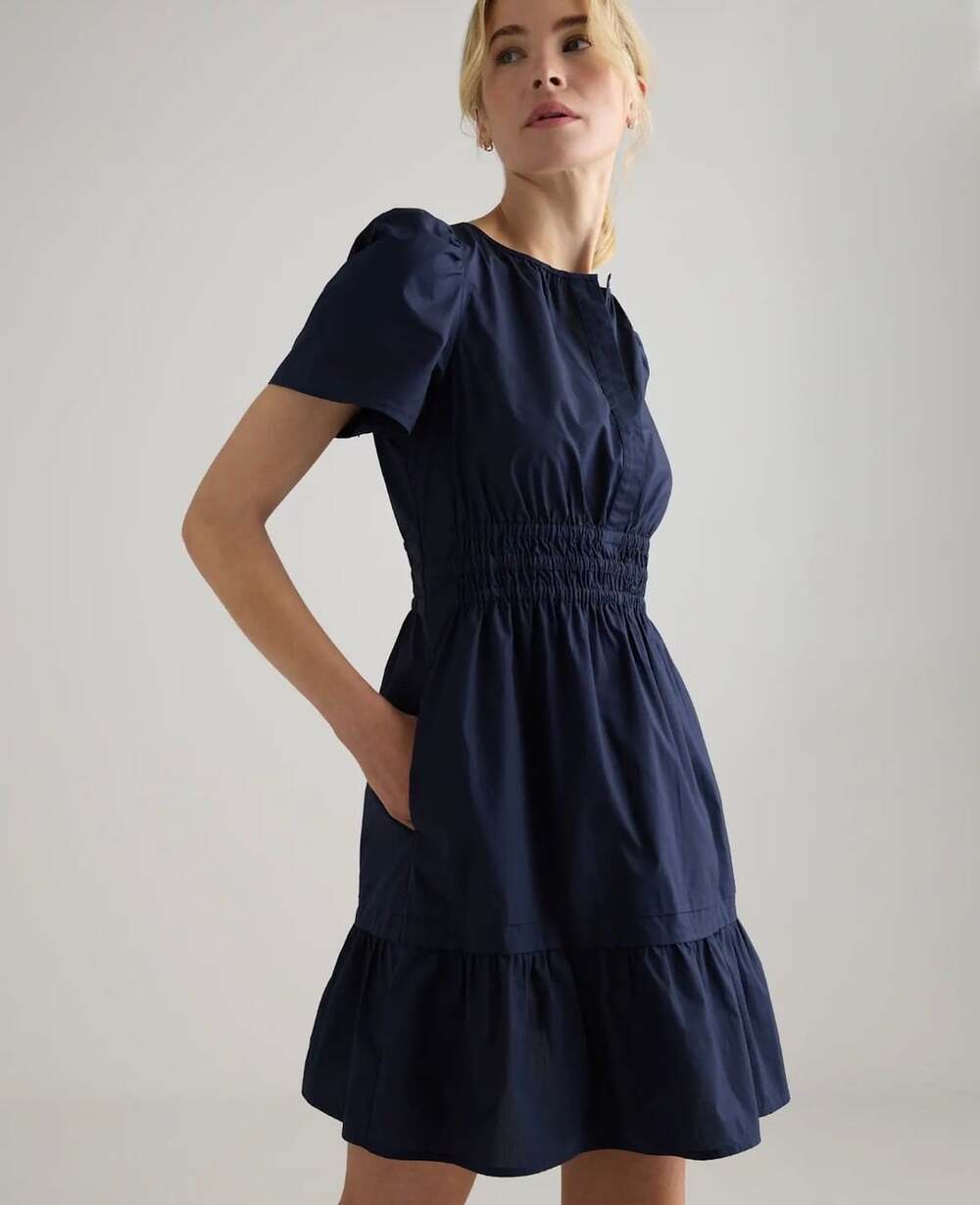 Quince Women's Poplin Tiered Mini Dress In Navy  Blue Size Medium
